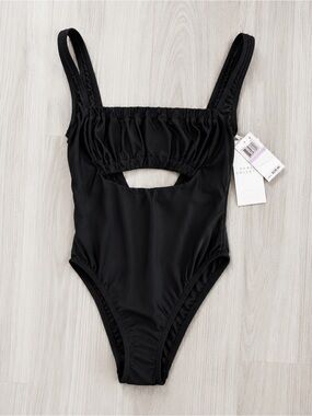 Karla Colletto Black Cutout One Piece Swimsuit Ruched Shelf Bra Size 6 NWT